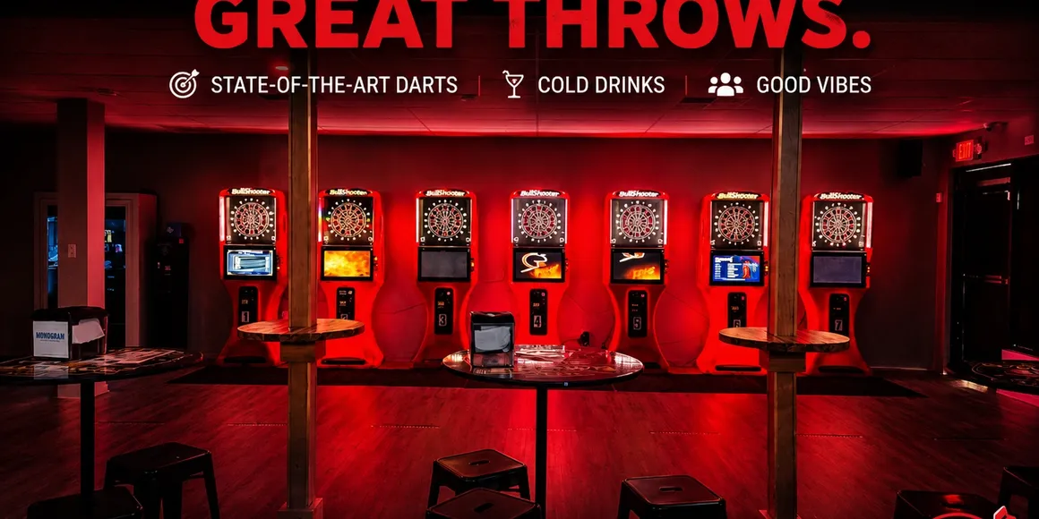 Great Throws dart lounge with seven Bullshooter dart machines in red light
