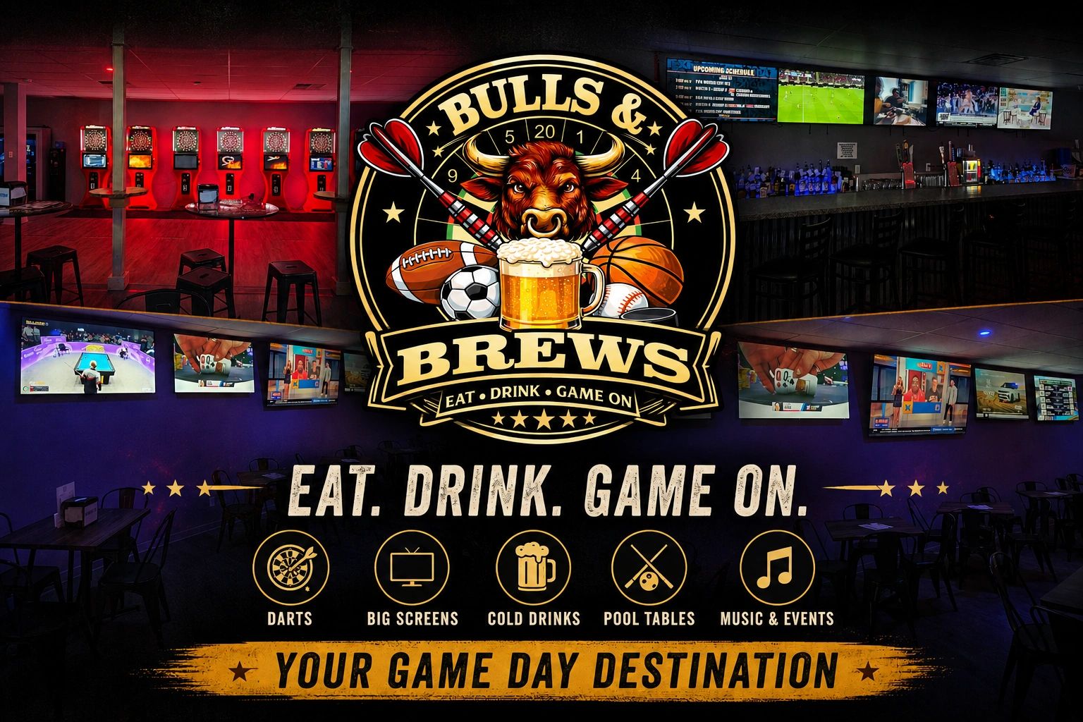 Bulls & Brews interior amenity collage