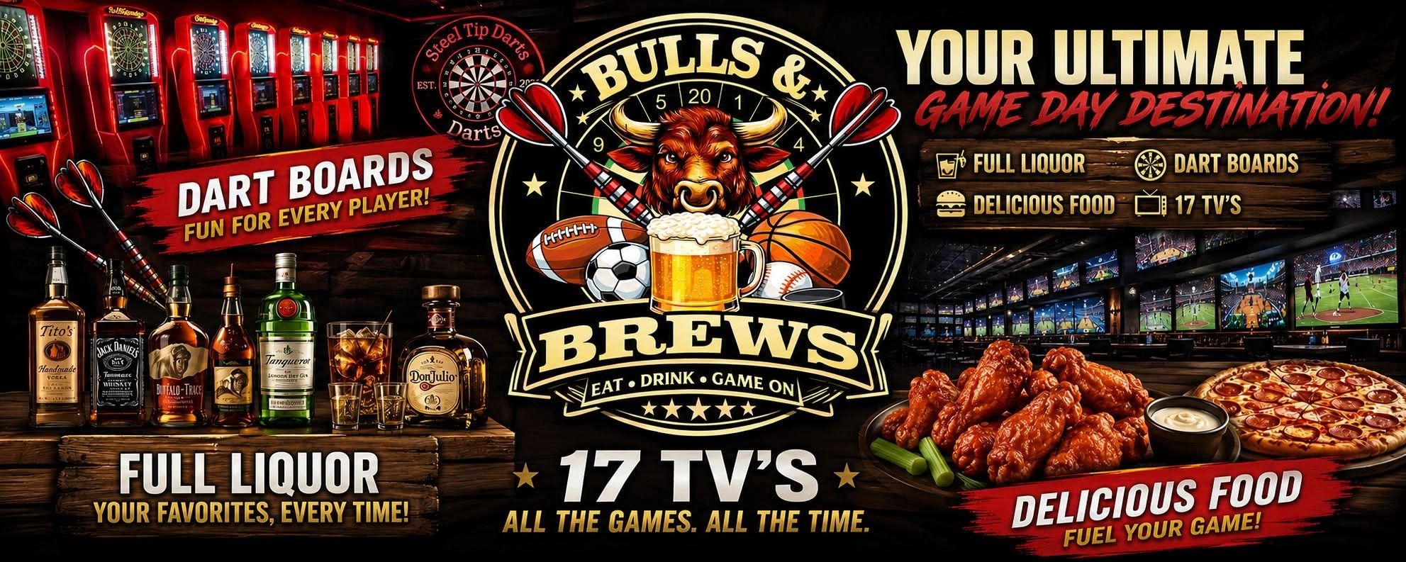 Banner featuring wings, flatbread pizza, cold beer and electronic dart boards
